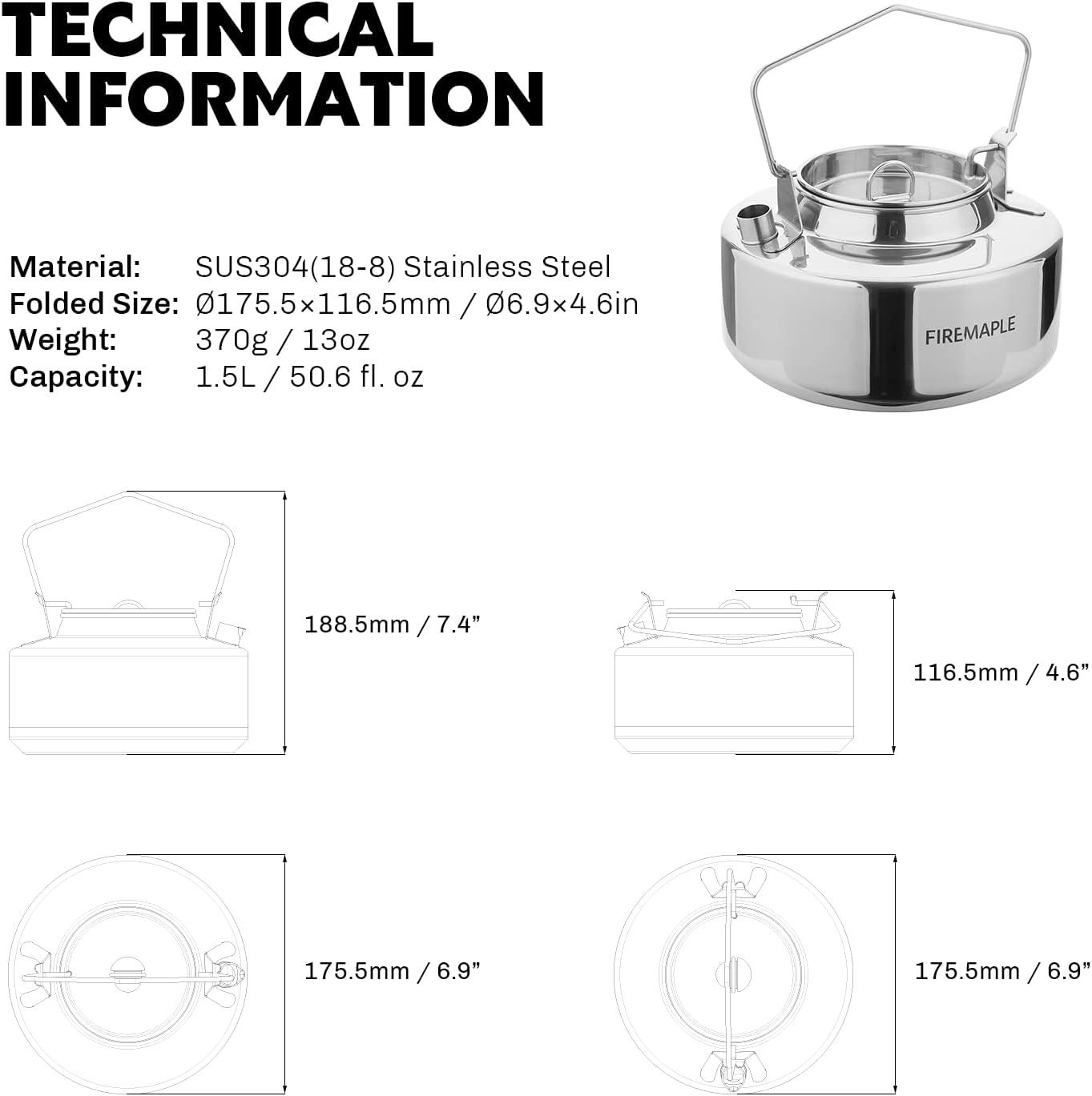 imageFireMaple Antarcti Portable 1 Liter Lightweight Stainless Steel Camping Kettle Durable and Portable Camp Tea Pot Ideal for Bushcraft and Outdoor Campfire Use16 Quarts