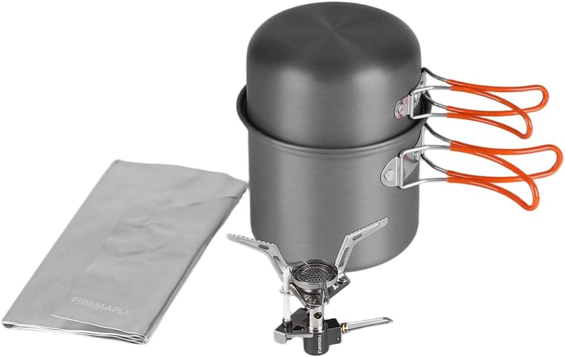 imageFireMaple FMC207 Compact Cooking Set 600ml Aluminum Pot with Lid 2100W Mini Gas Stove ampamp Windshield UltraLight 348g for Backpacking and Camping
