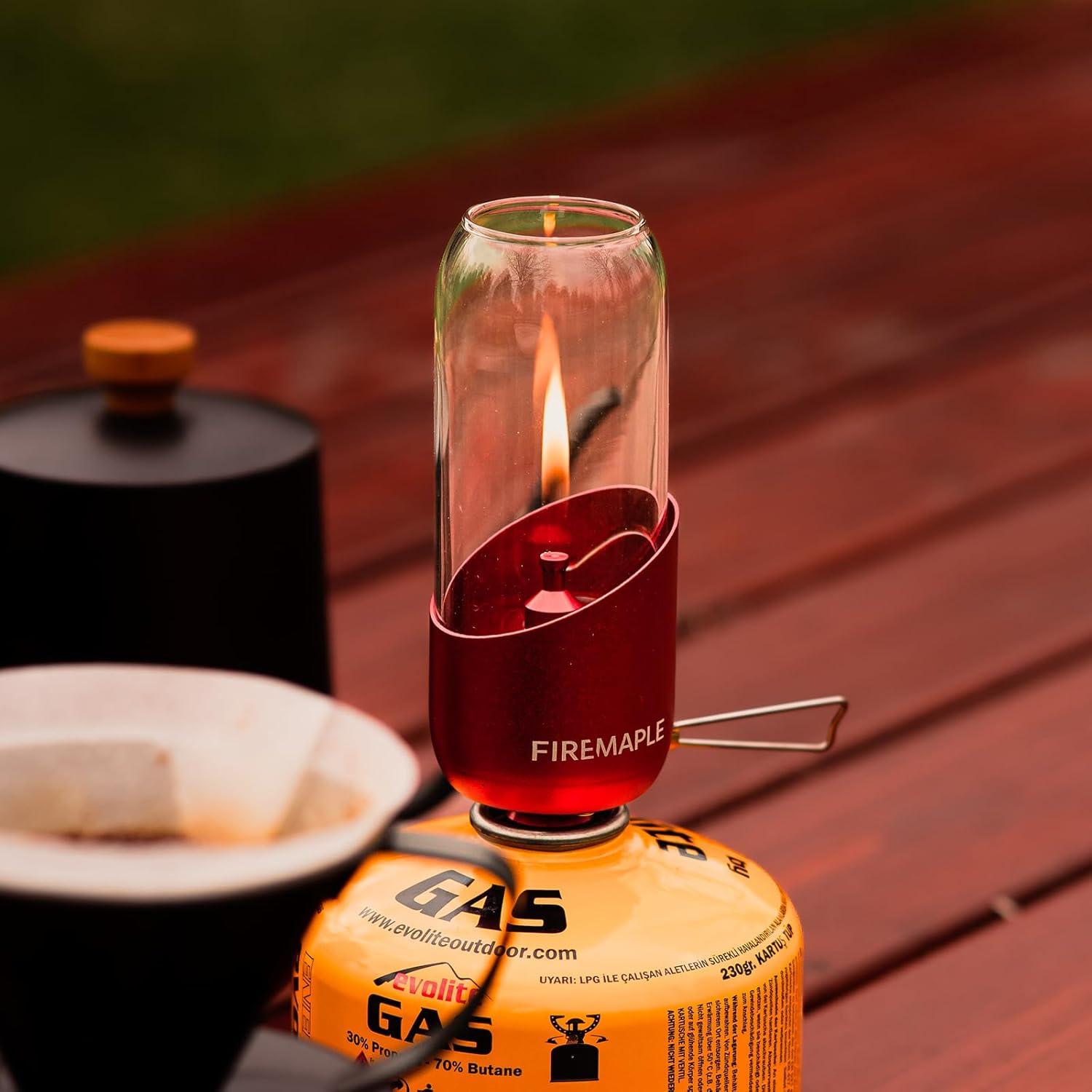 imageFireMaple Orange Camping Lantern Glass Steel ampamp Aluminum Propane or Isobutane Fuel Canister Beautiful Lights NO Mantles Needed Propane Lanterns for Camping Emergency EssentialRed